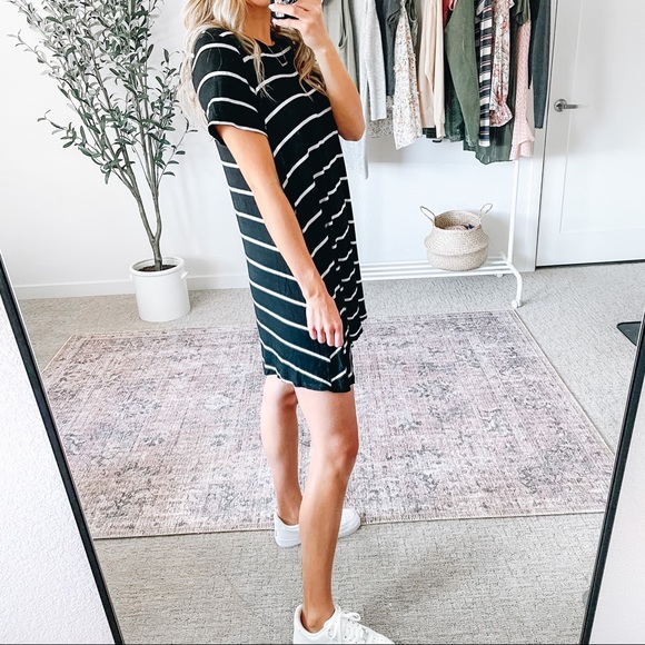 Black & White Striped Short Sleeve T-shirt Dress - Picture 10 of 10